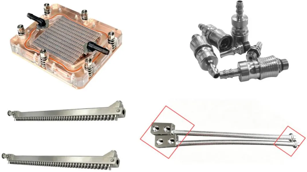 Liquid cooling components and precision connectors. Image supplied from online material.