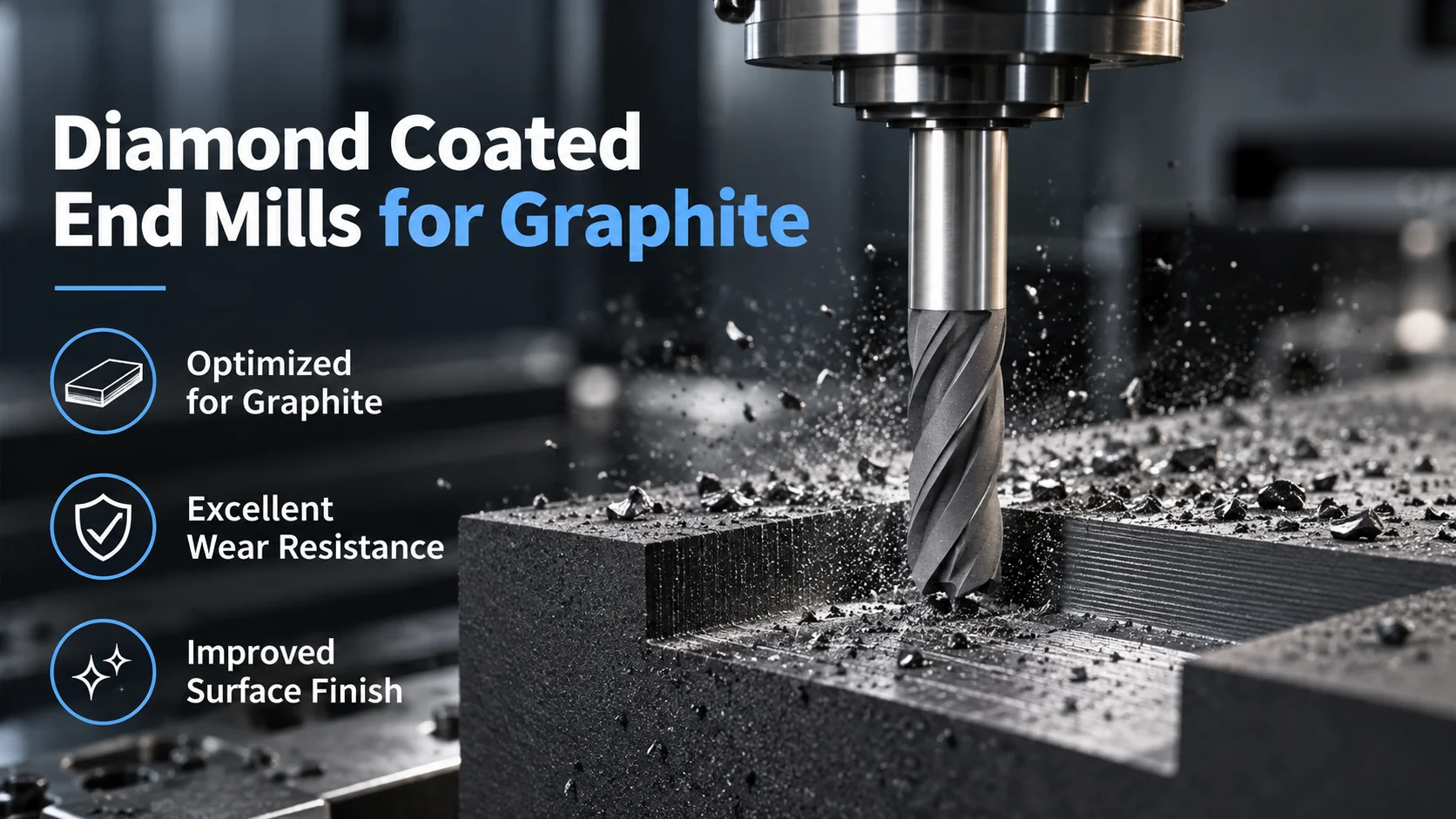 Illustration of a diamond-coated end mill machining a graphite pocket