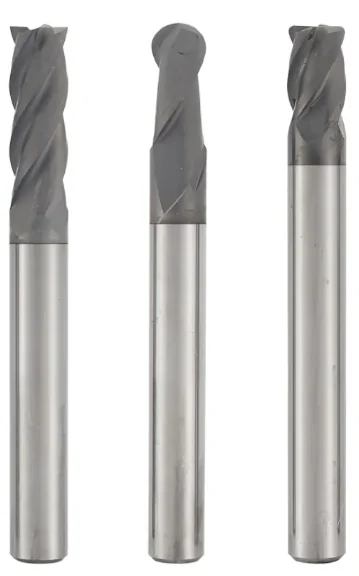 Product photograph of three end mills with dark cutting sections and metallic shanks