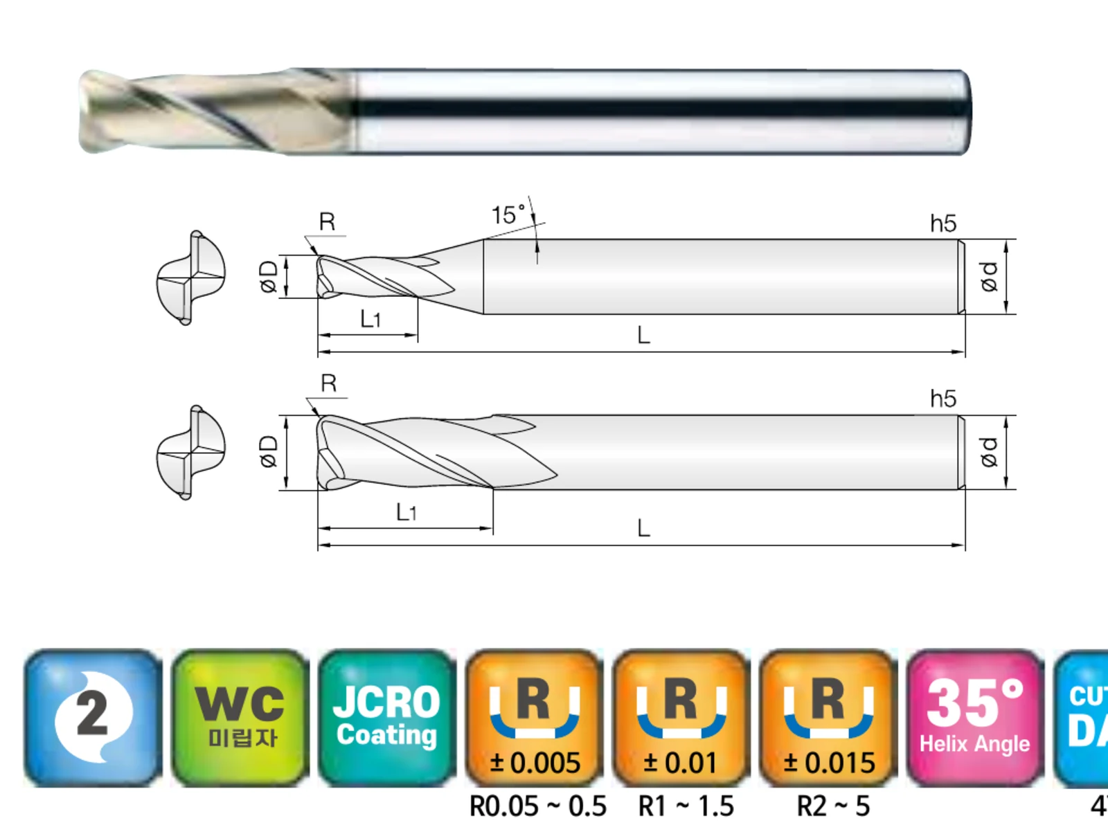 2-Flute Corner Radius End Mill for Titanium and SUS Stainless Steel with ZrN Coating, ZrN-coated carbide end mill and dimensional drawing