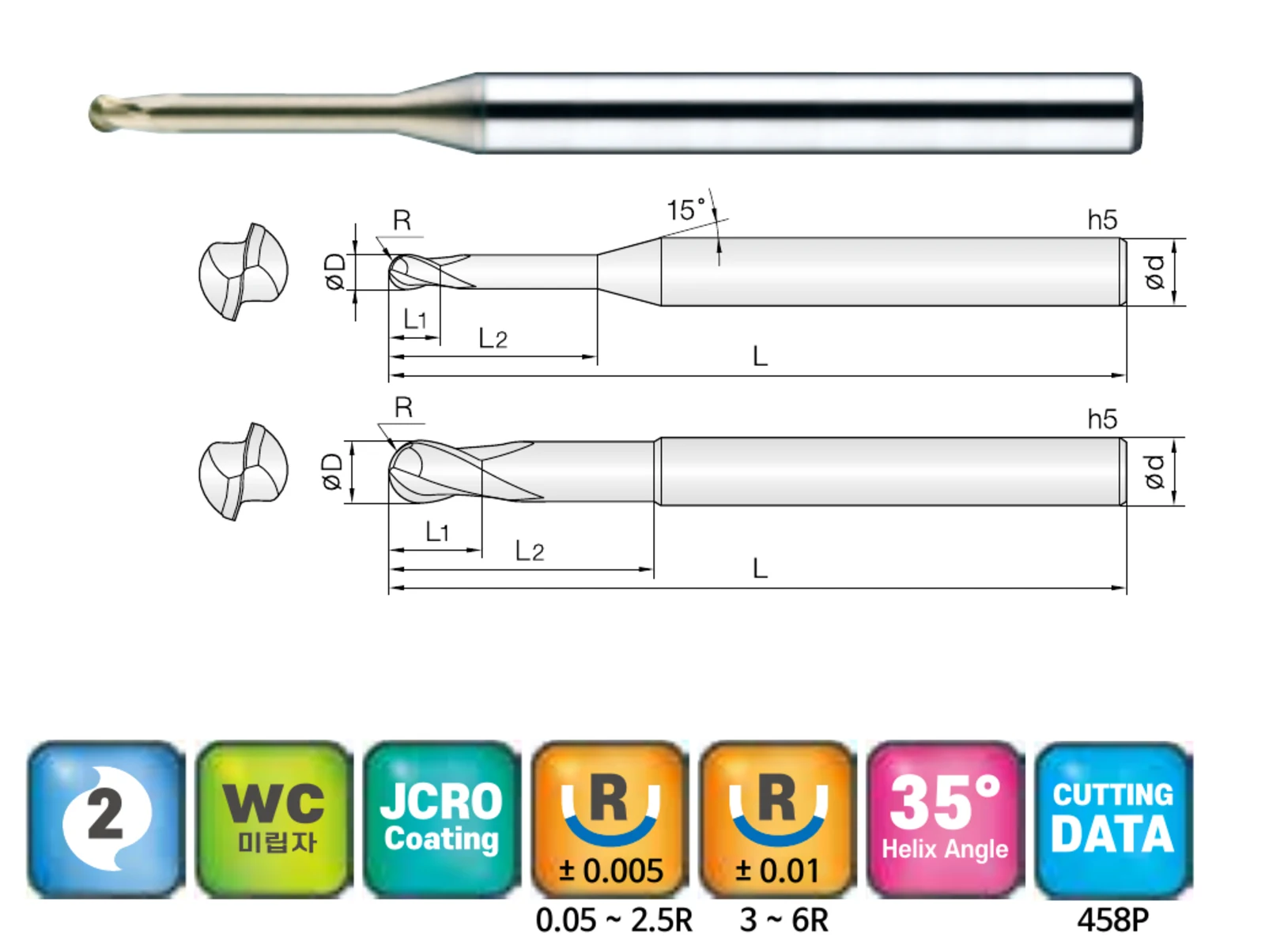 2-Flute Long-Reach Ball Nose End Mill with Reduced Neck for Titanium and SUS Stainless Steel with ZrN Coating, ZrN-coated carbide end mill and dimensional drawing