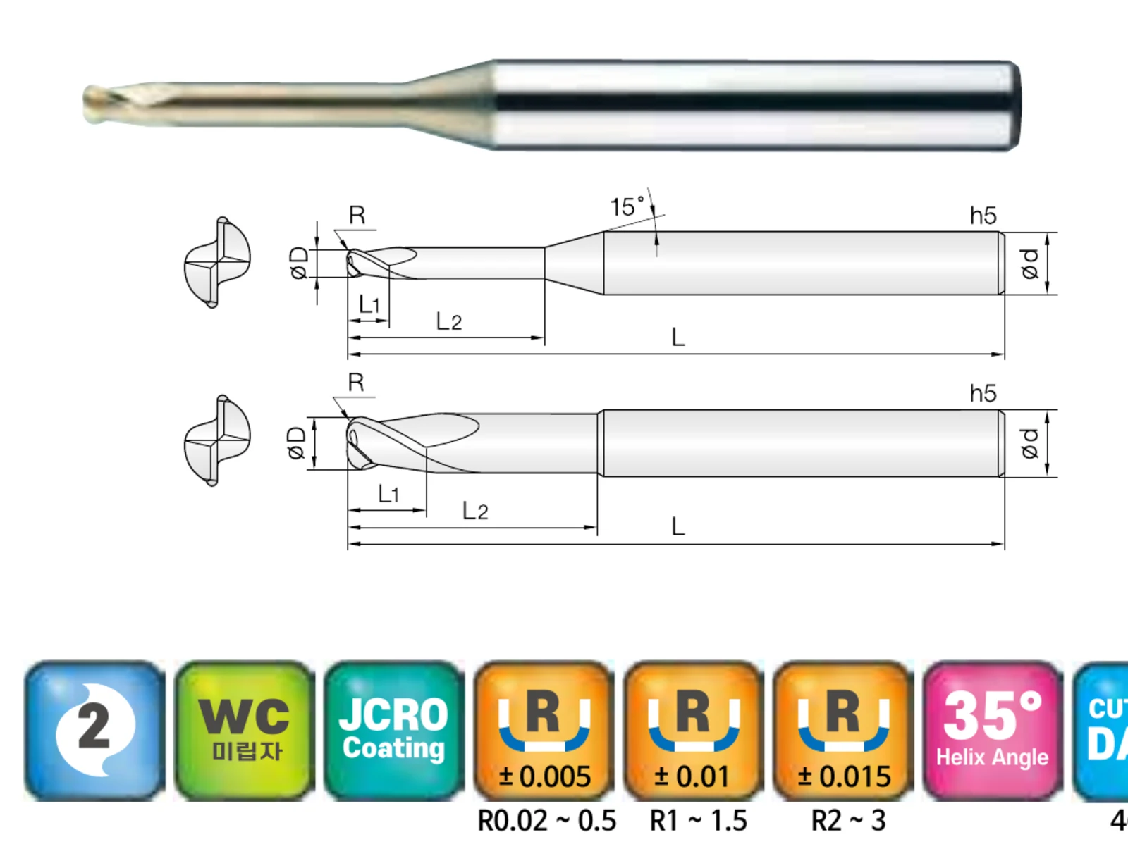 2-Flute Long-Reach Corner Radius End Mill with Reduced Neck for Titanium and SUS Stainless Steel with ZrN Coating, ZrN-coated carbide end mill and dimensional drawing