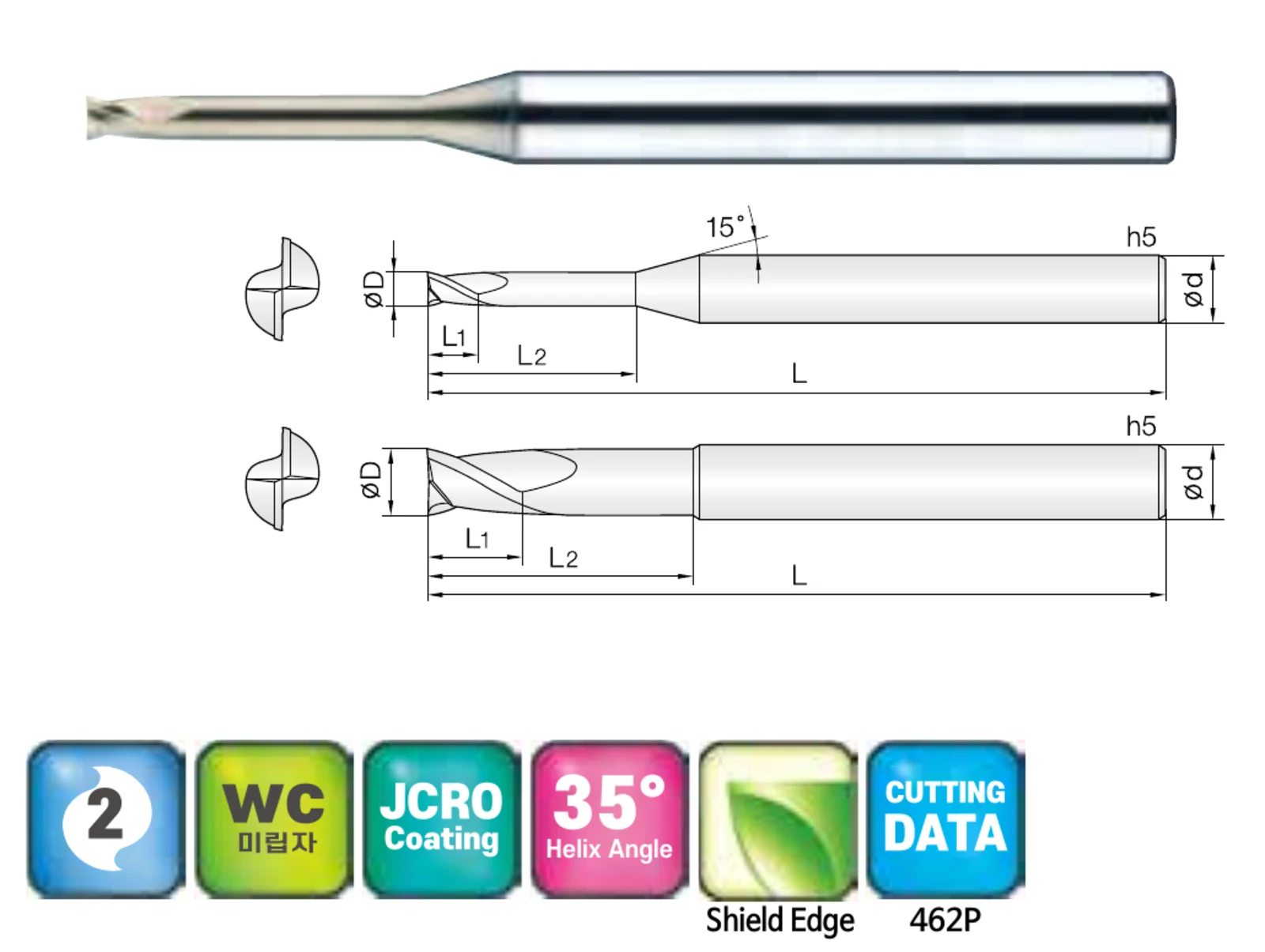 2-Flute Long-Reach Square End Mill with Reduced Neck for Titanium and SUS Stainless Steel with ZrN Coating, ZrN-coated carbide end mill and dimensional drawing