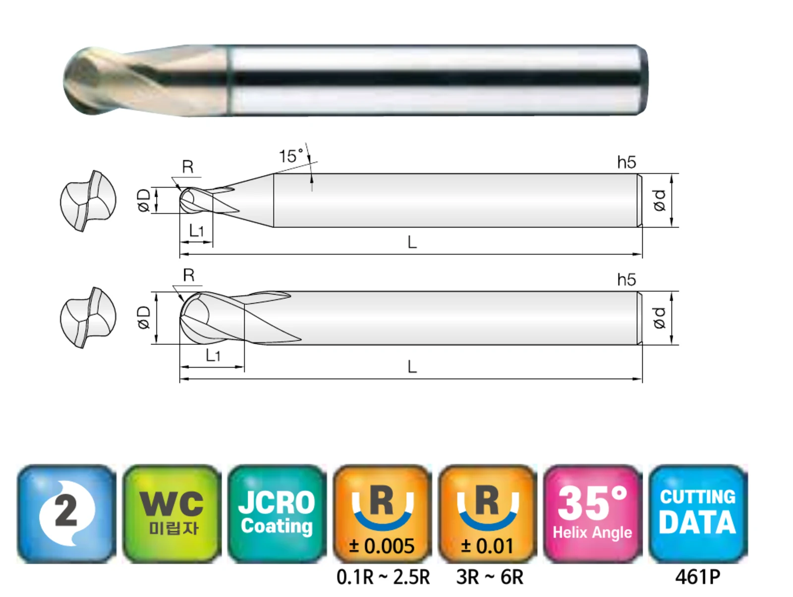 2-Flute Short Ball Nose End Mill for Titanium and SUS Stainless Steel with ZrN Coating, ZrN-coated carbide end mill and dimensional drawing
