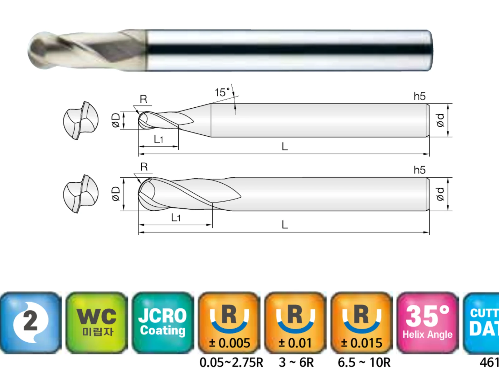 2-Flute Standard Ball Nose End Mill for Titanium and SUS Stainless Steel with ZrN Coating, ZrN-coated carbide end mill and dimensional drawing