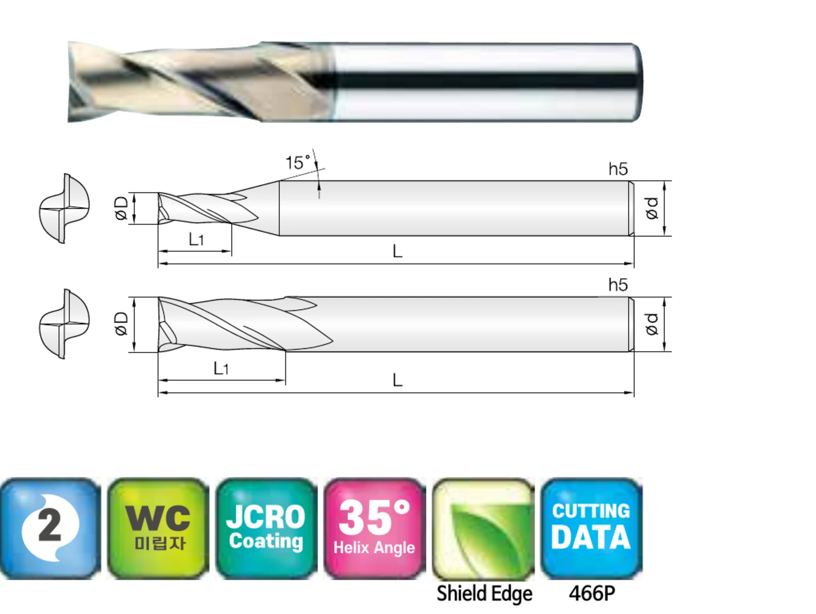 2-Flute Standard Square End Mill for Titanium and SUS Stainless Steel with ZrN Coating, ZrN-coated carbide end mill and dimensional drawing