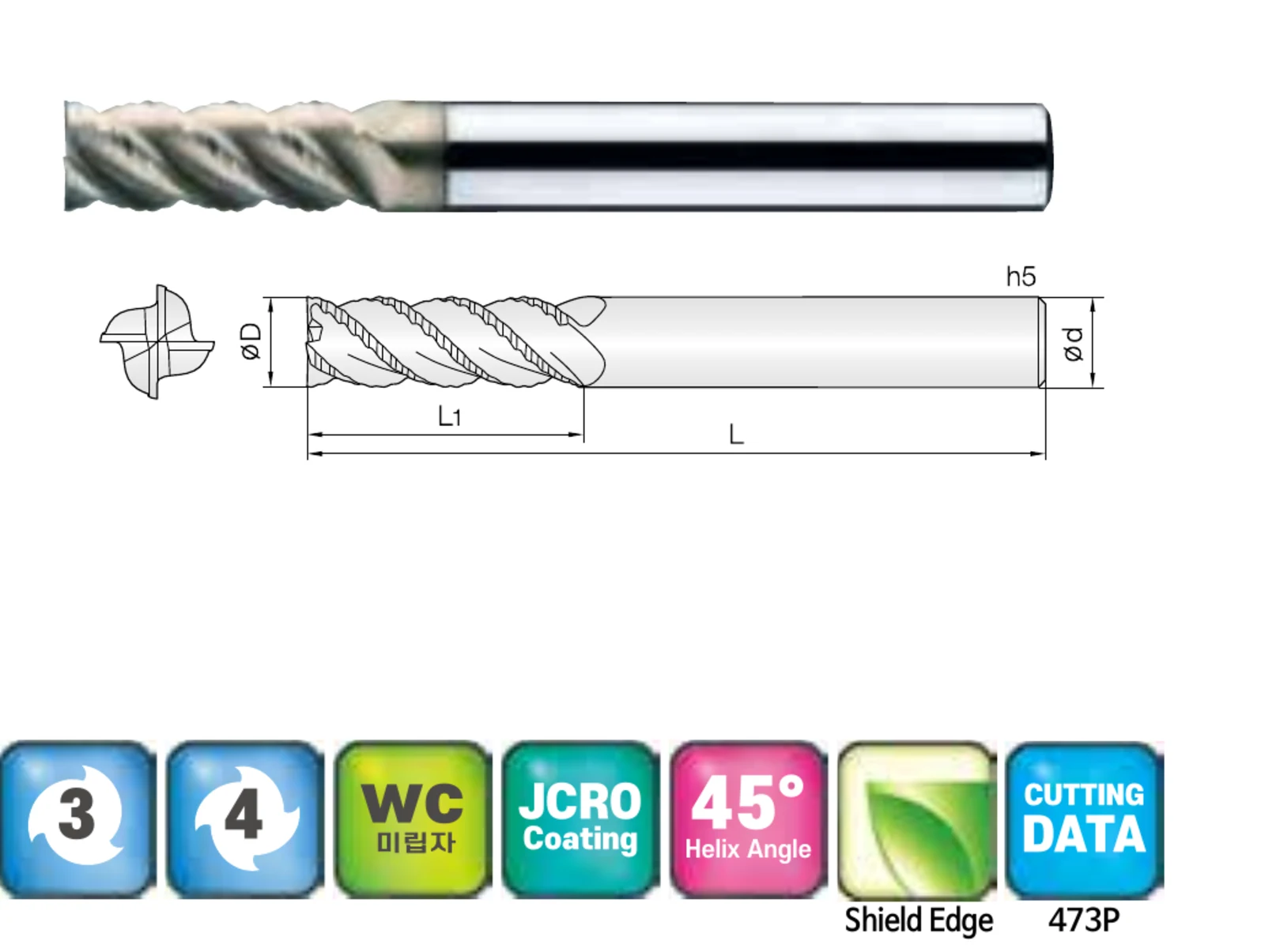 3- and 4-Flute 45° Helix Fine-Pitch Roughing End Mill for Titanium and SUS Stainless Steel with ZrN Coating, ZrN-coated carbide end mill and dimensional drawing