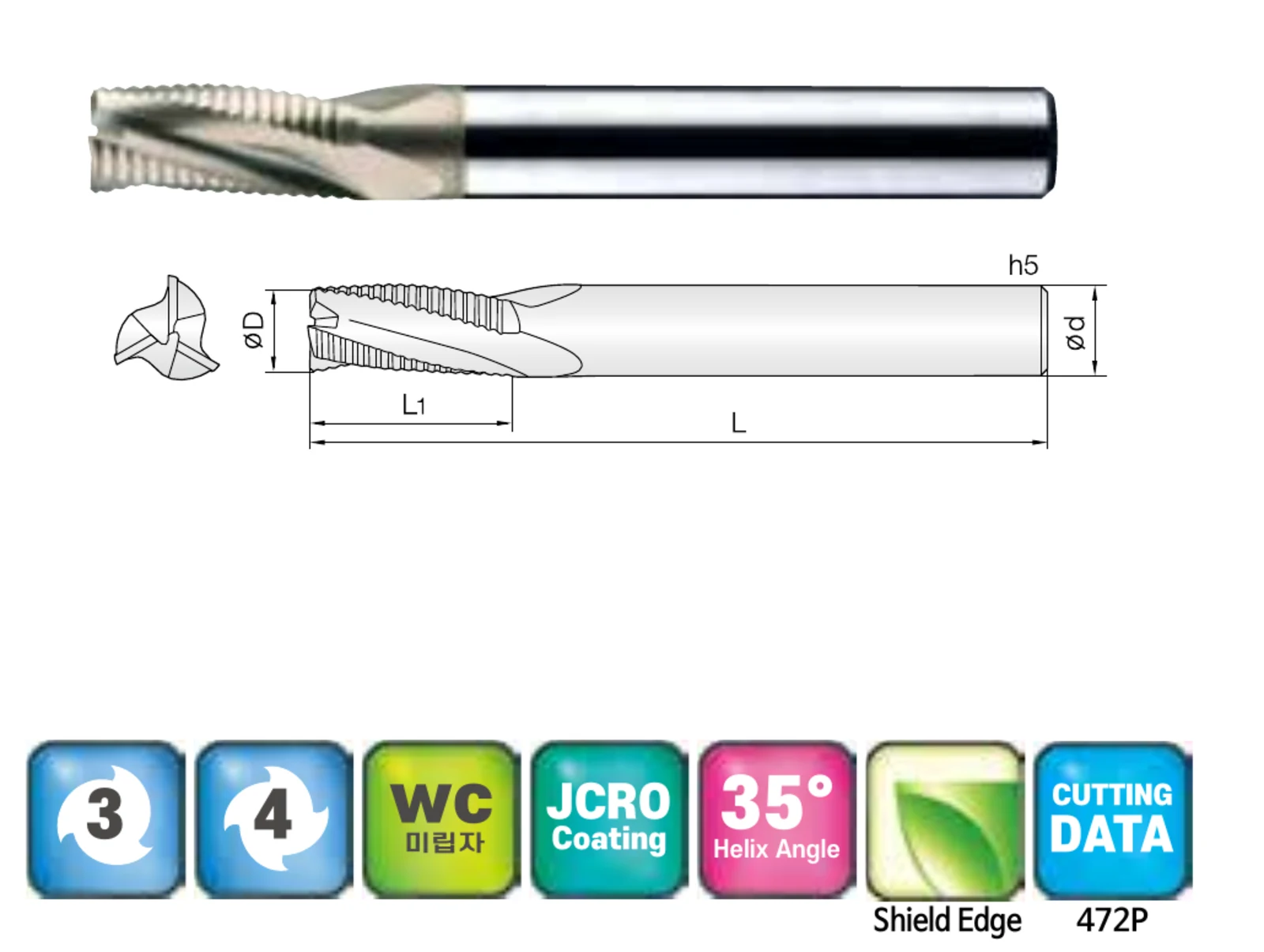 3- and 4-Flute Roughing End Mill for Titanium and SUS Stainless Steel with ZrN Coating, ZrN-coated carbide end mill and dimensional drawing