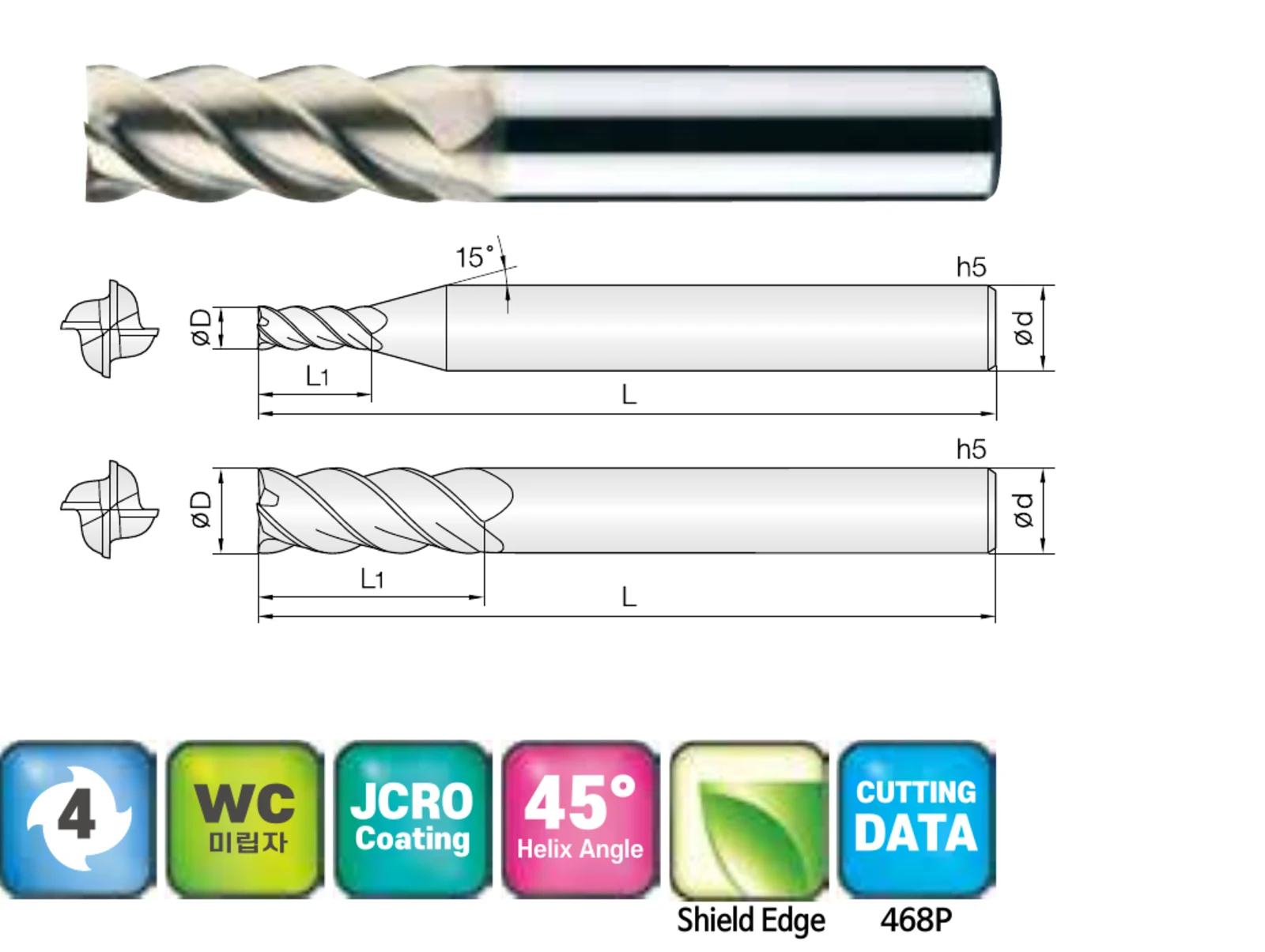 4-Flute 45° Helix Square End Mill for Titanium and SUS Stainless Steel with ZrN Coating, ZrN-coated carbide end mill and dimensional drawing