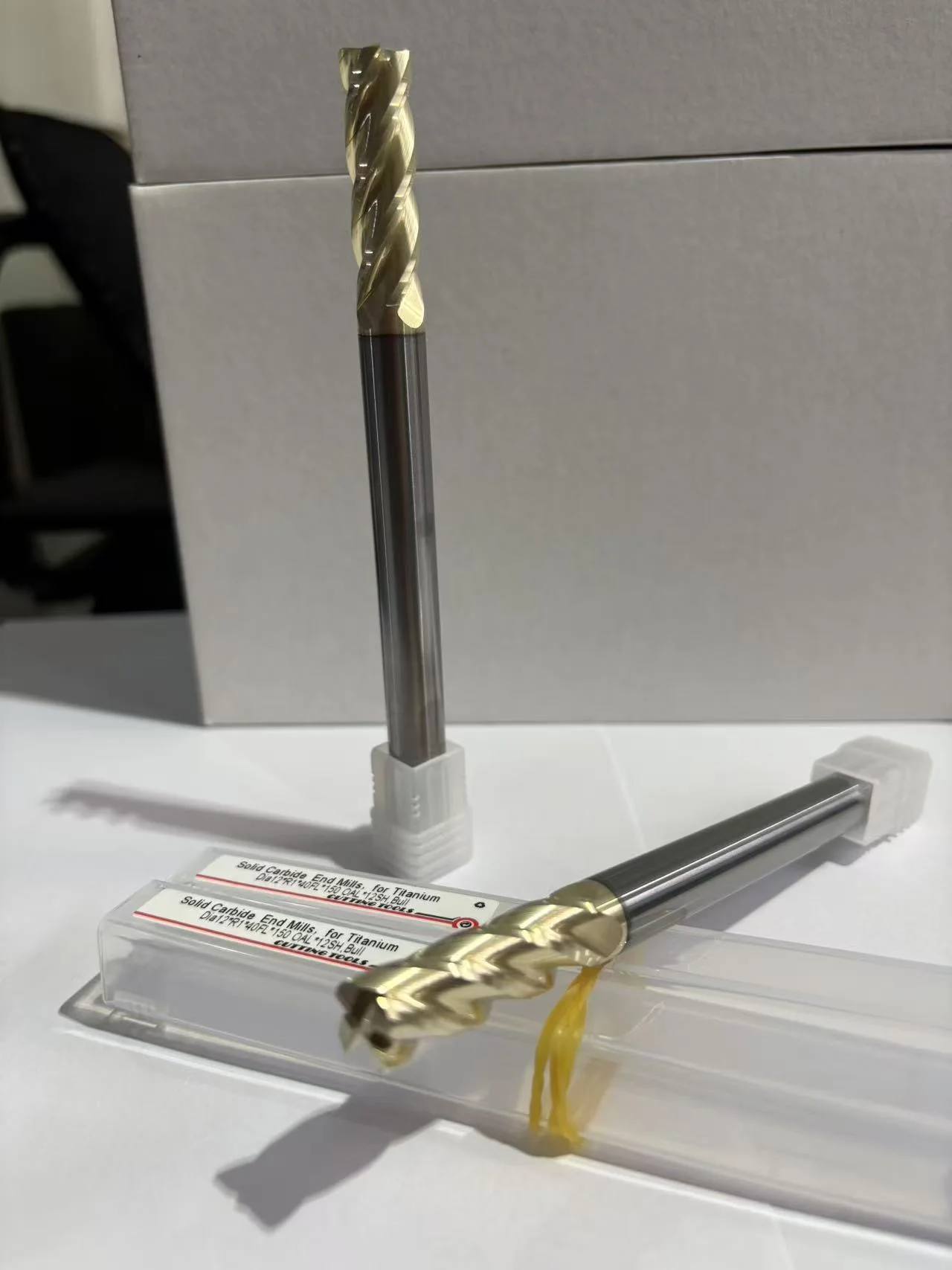 Side profile of champagne-gold ZrN-coated carbide end mills for titanium